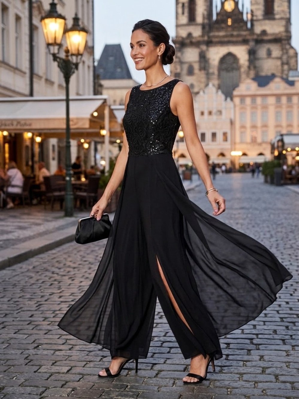 London Times Petites Black Sequined Lace Jumpsuit Wide Leg Slit Overlay Size 4P